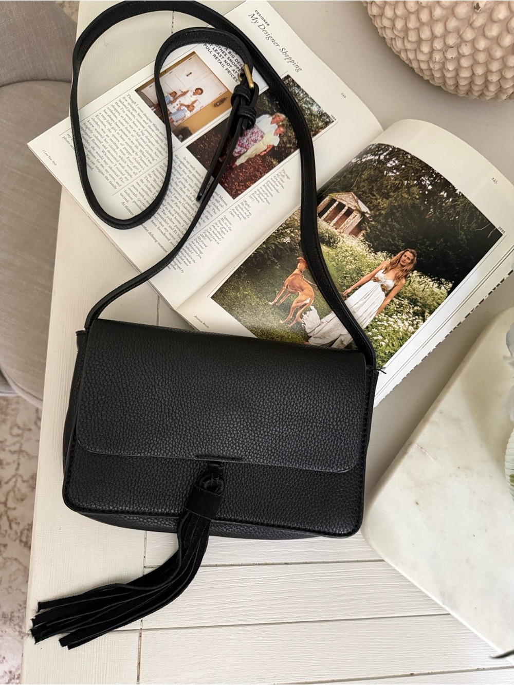 Anthropologie | Street Level -  Black Textured Crossbody with SuedeTassel Accent